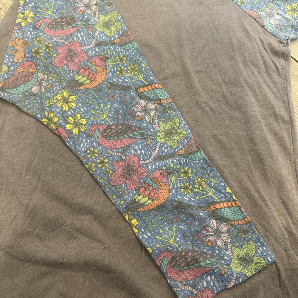 Lularoe Randy size small Floral Bird Print Sleeve Top - Multicolor on gray
